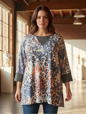 Vibrant Leopard Print Relaxed Fit Tunic Top with 3/4 Sleeves